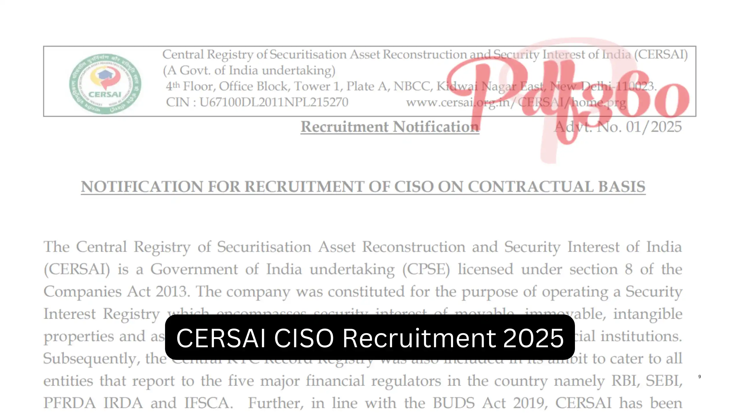 CERSAI CISO Recruitment 2025 Notification PDF